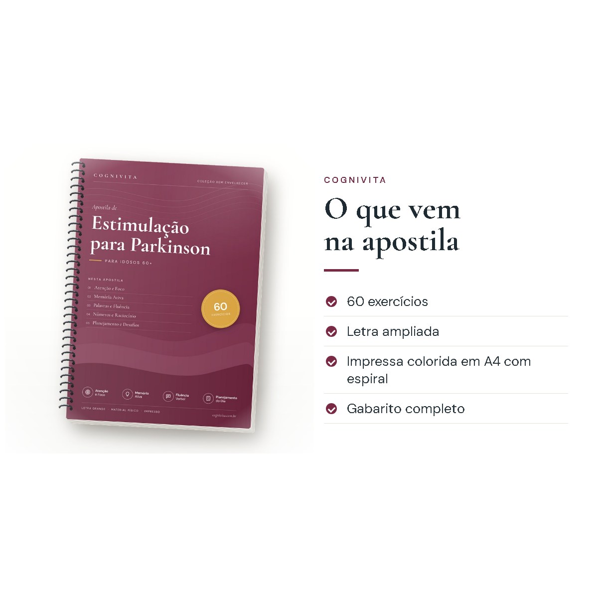 O que vem na apostila: Estimulação Cognitiva Parkinson — 60 Exercícios