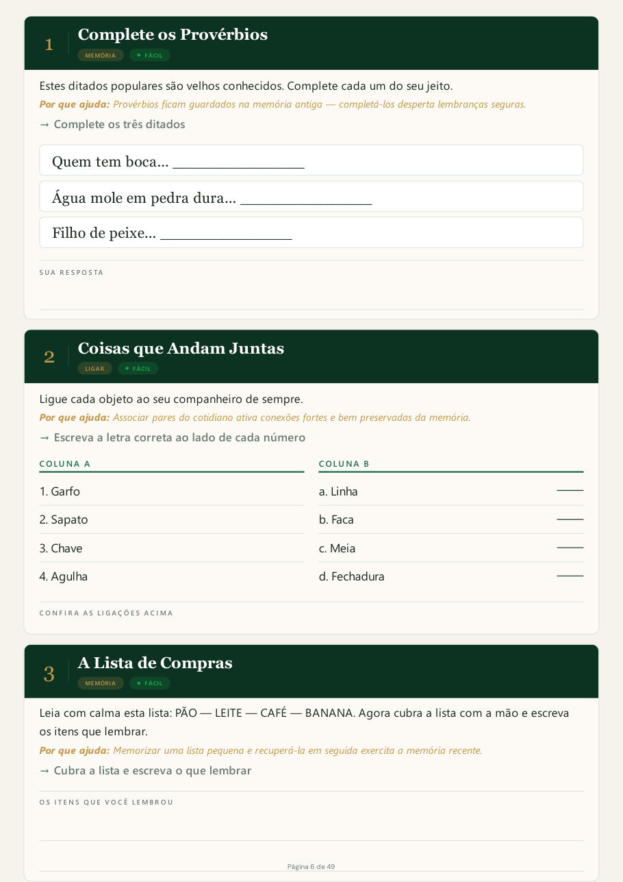 Página com exercícios de memória: provérbios e pares